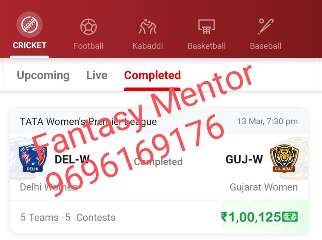 Winning screenshots, DEL-W vs GUJ-W (Delhi Capitals Women vs Gujarat Giants), 20th Match Women’s Premier League 2024 Dream Team – Results