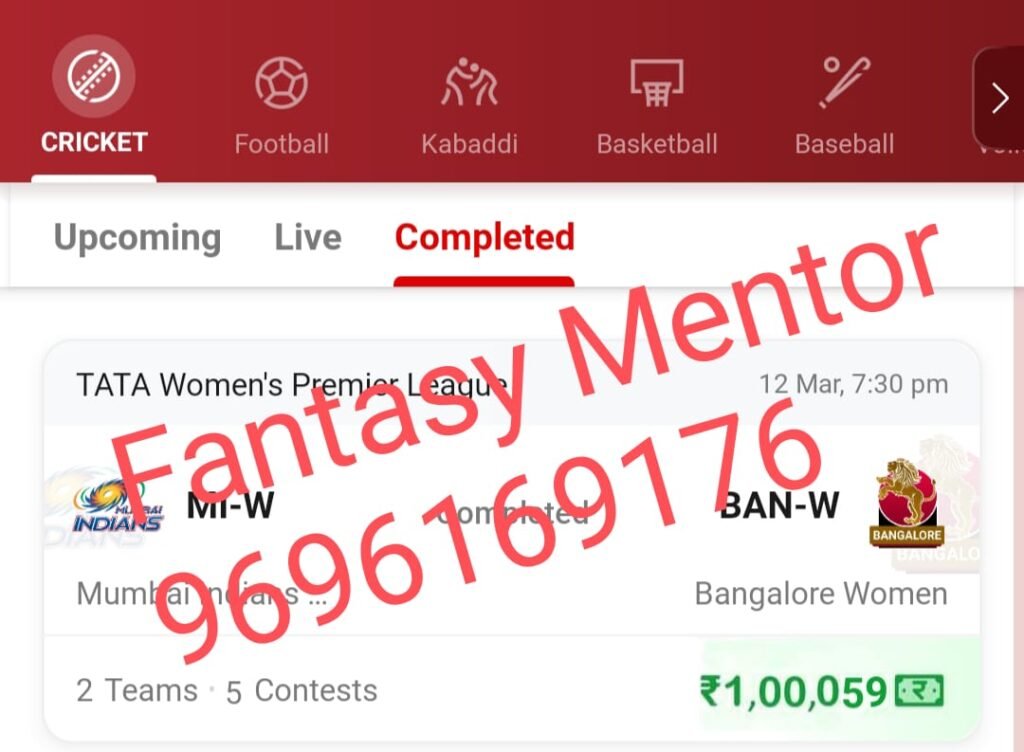 Winning screenshots, MI-W vs BAN-W (Mumbai Indians Women vs Royal Challengers Bangalore Women), 19th Match Women’s Premier League 2024 Dream Team – Results