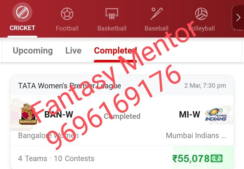 Winning screenshots, RCB-W vs MI-W (Royal Challengers Bangalore Women vs Mumbai Indians Women), 9th Match Women’s Premier League 2024 Dream Team – Results