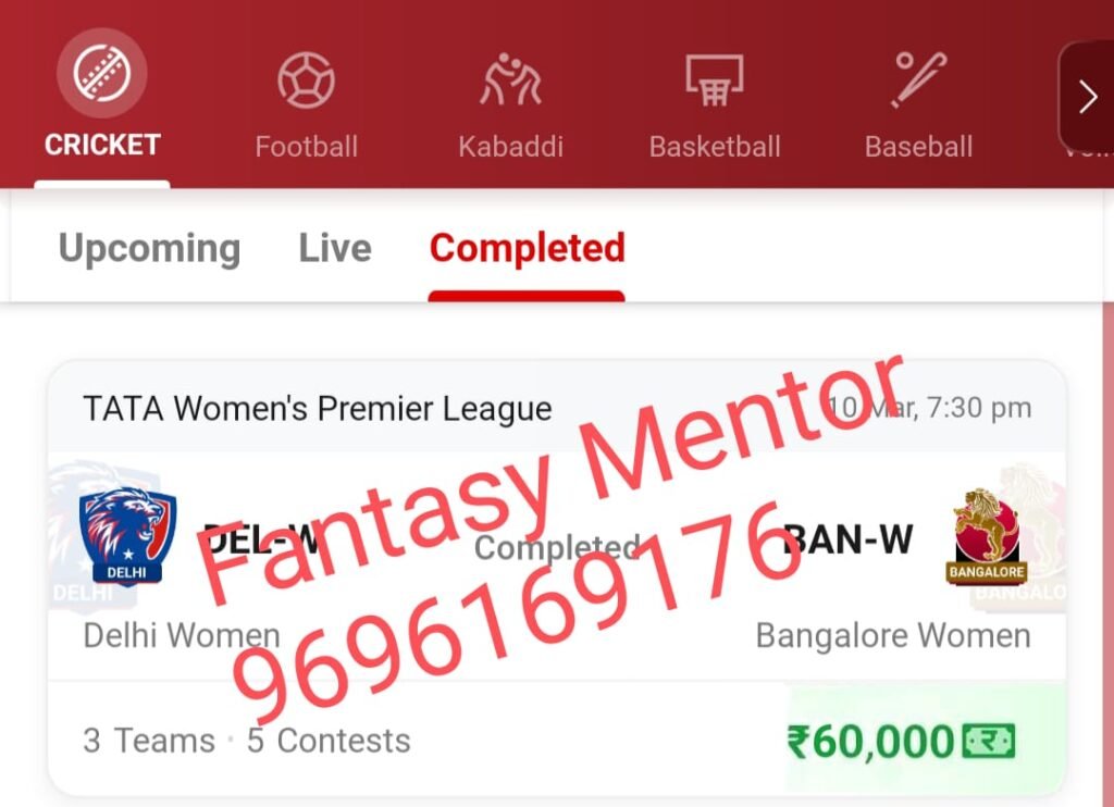 Winning screenshots, DEL-W vs RCB-W (Delhi Capitals Women vs Royal Challengers Bangalore Women), 17th Match Women’s Premier League 2024 Dream Team – Results