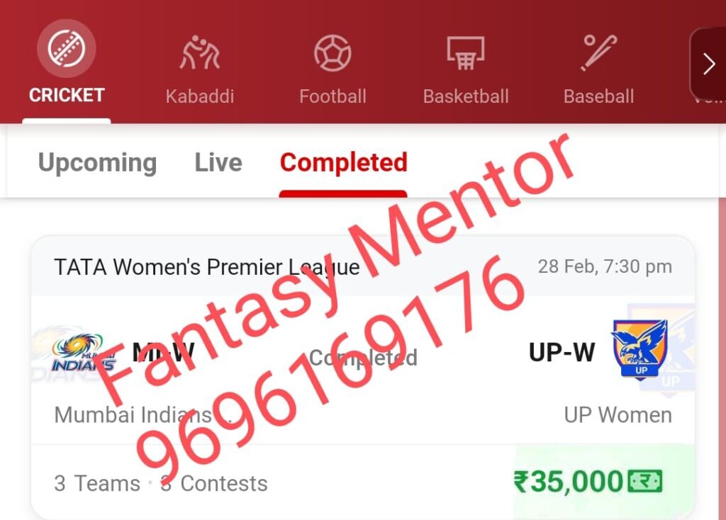 Winning screenshots, MI-W vs UP-W (Mumbai Indians Women vs UP Warriorz), 6th Match Women’s Premier League 2024 Dream Team – Results